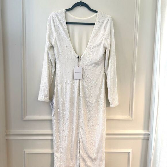 Dress The Population Emery Sequin Long Sleeve Dress in White Large NWT - Picture 8 of 11